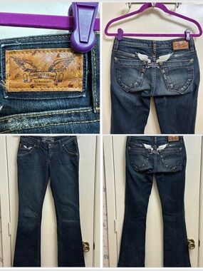 Robin's Jean Dark Blue Flare Jeans with White Wing Embroidery Garbot Style SZ 27